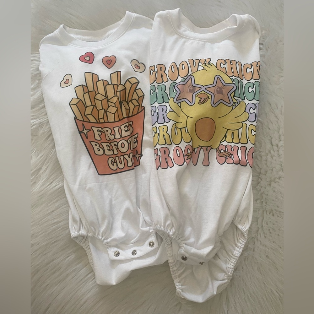 Two! Cute Chicks and Fries Bodysuits Sz 3T